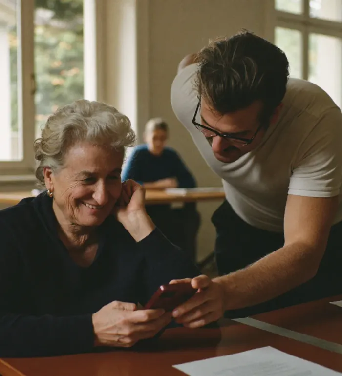 Un intervenant accompagne une participante sur son smartphone